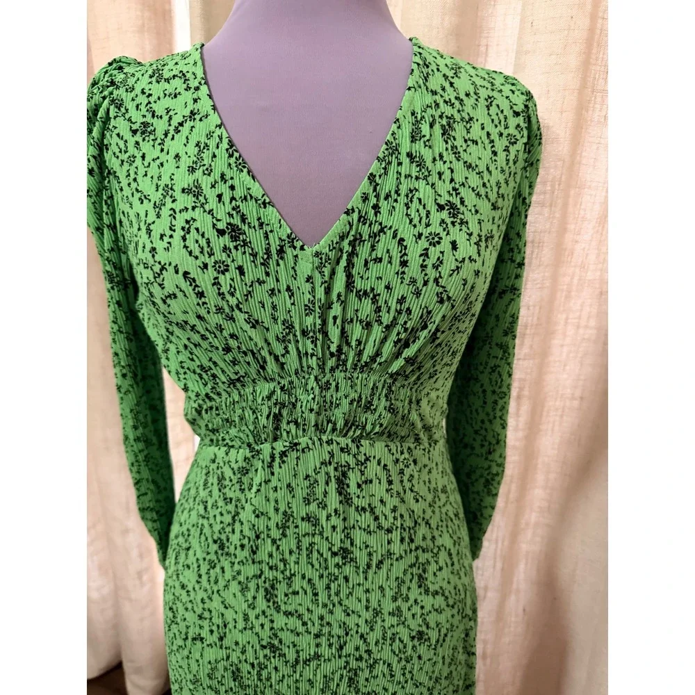 MNG Green Floral Print Midi Dress Long Sleeve V Neck Ruched Waist - Picture 7 of 9